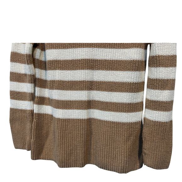 Talbots Womens Petite Medium Mock Neck Sweater Shaker Stitch Tan Cream Stripe - Picture 6 of 11